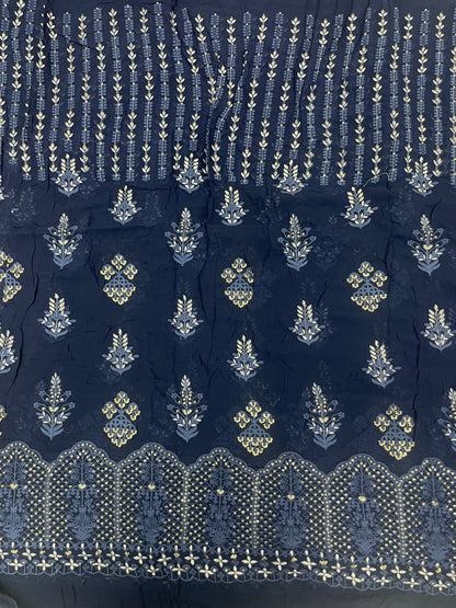 Adorable Premium Ethnic Blue Thread Embroidery With Shiny Sequin Work On Georgette Fabric