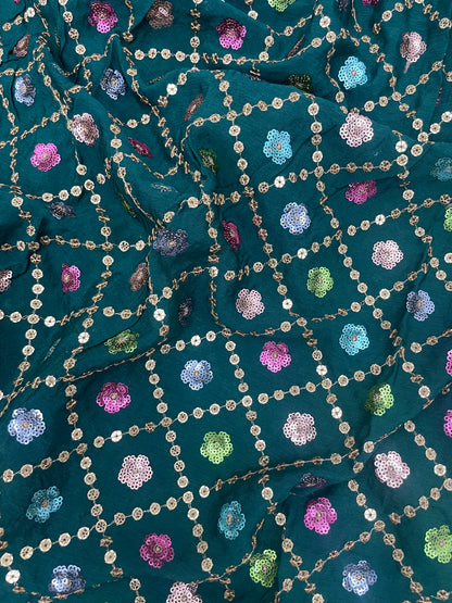 Fantastic Pretty Floral Multi Color Sequin And Zari Work On Chinon Fabric