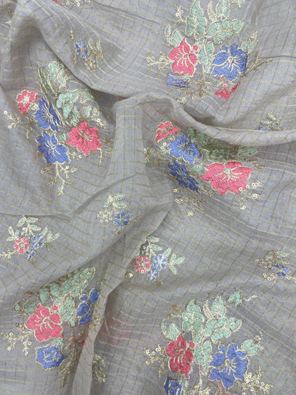 Beautiful Multi Color Floral Thread Embroidery With Dainty Sequin Work On Chanderi Fabric