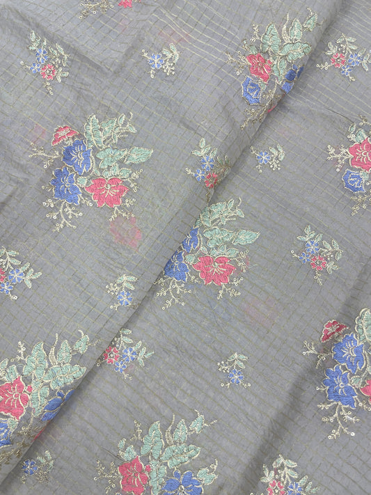 Beautiful Multi Color Floral Thread Embroidery With Dainty Sequin Work On Chanderi Fabric