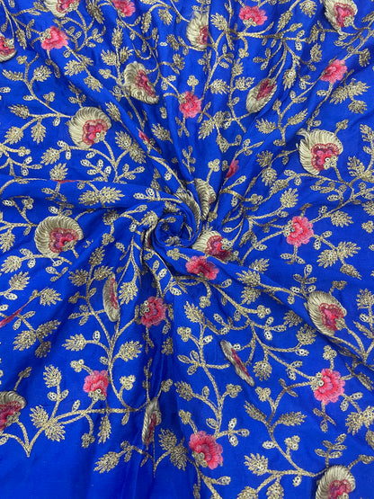 Glorious Exclusive Floral Thread Embroidery With Golden Zari And Sequin Work On Chinon Fabric ;