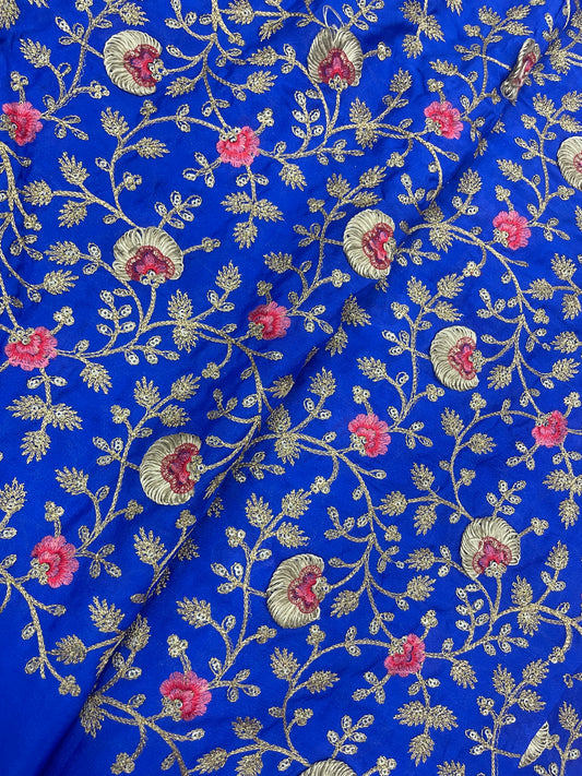 Glorious Exclusive Floral Thread Embroidery With Golden Zari And Sequin Work On Chinon Fabric ;