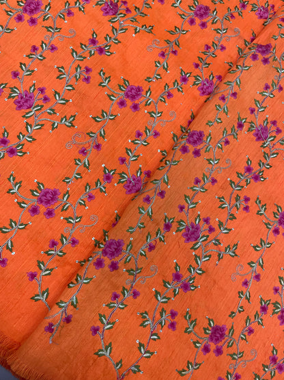 Brilliant Eye Catching Floral Pink Thread Embroidery With Zari And Dainty Sequin Work On Orange Mulberry Silk Fabric