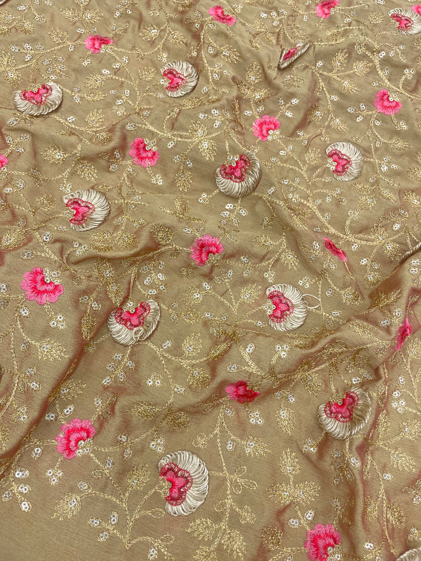 Exclusive Luxurious Red Pink Floral Thread Embroidery With Zari And Sequin Work On Chinon Fabric