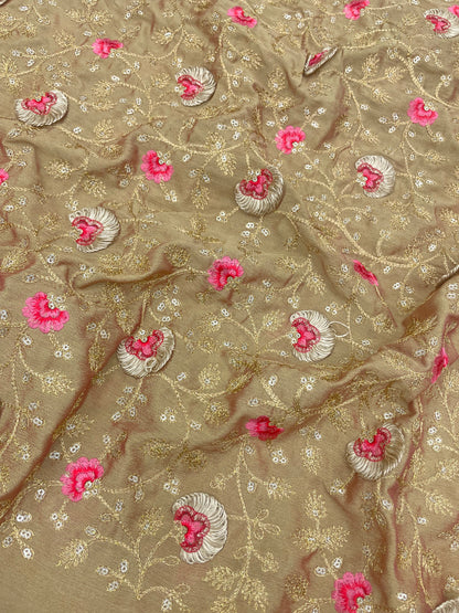 Exclusive Luxurious Red Pink Floral Thread Embroidery With Zari And Sequin Work On Chinon Fabric