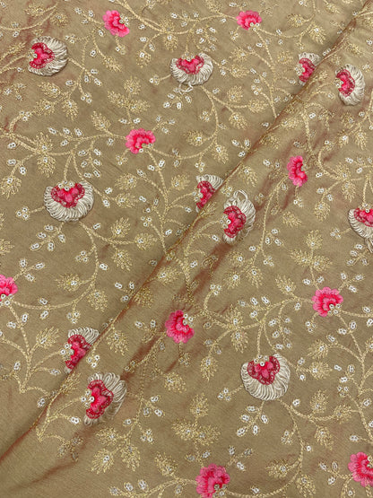 Exclusive Luxurious Red Pink Floral Thread Embroidery With Zari And Sequin Work On Chinon Fabric