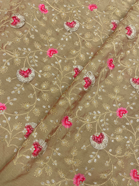 Exclusive Luxurious Red Pink Floral Thread Embroidery With Zari And Sequin Work On Chinon Fabric