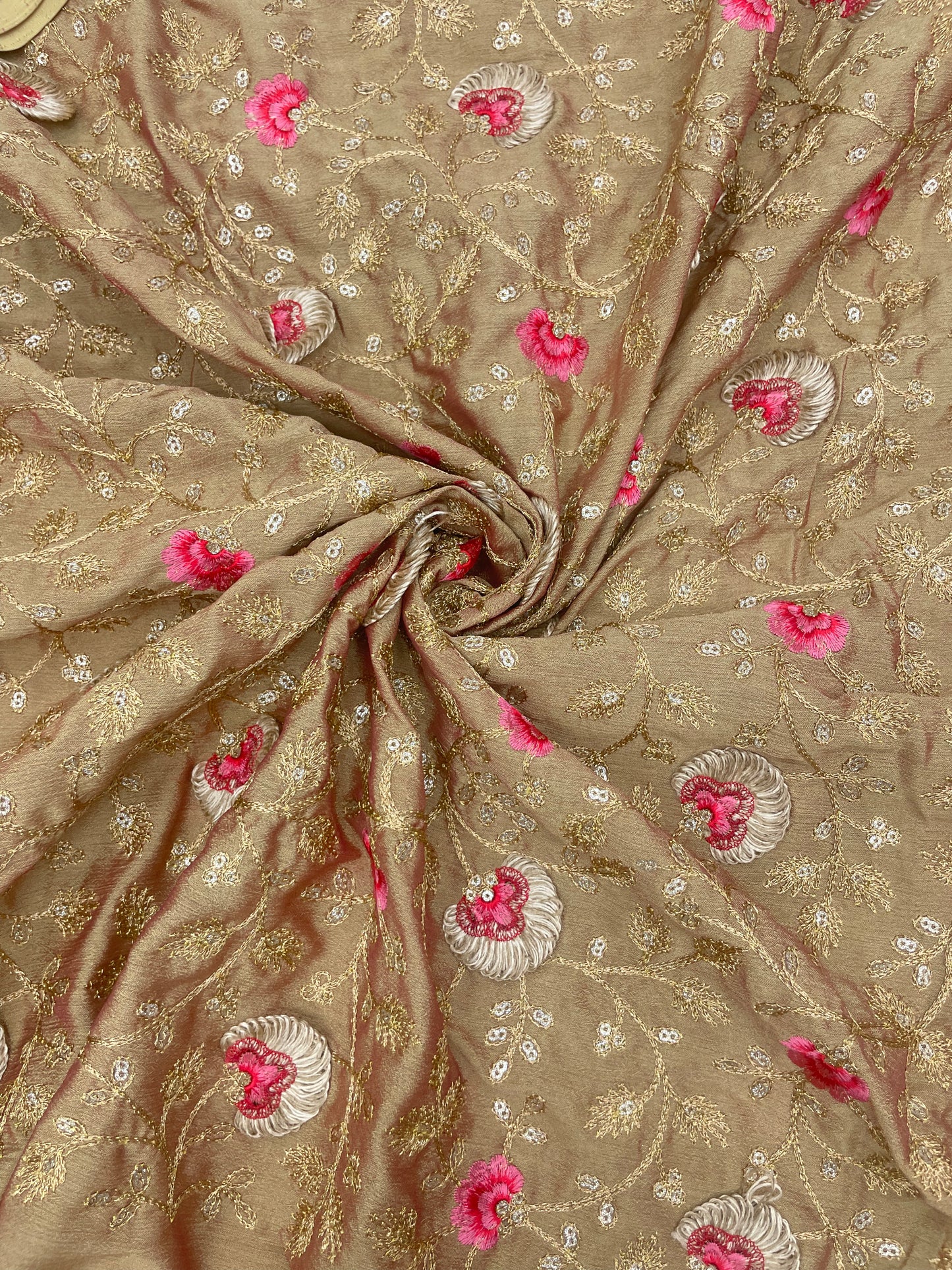 Exclusive Luxurious Red Pink Floral Thread Embroidery With Zari And Sequin Work On Chinon Fabric