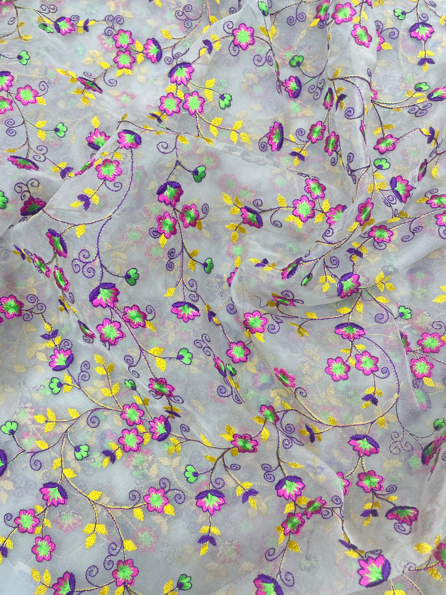 Beautiful Amazing Colorful Vibrant Floral And Leaf Thread Embroidery On Organza Fabric