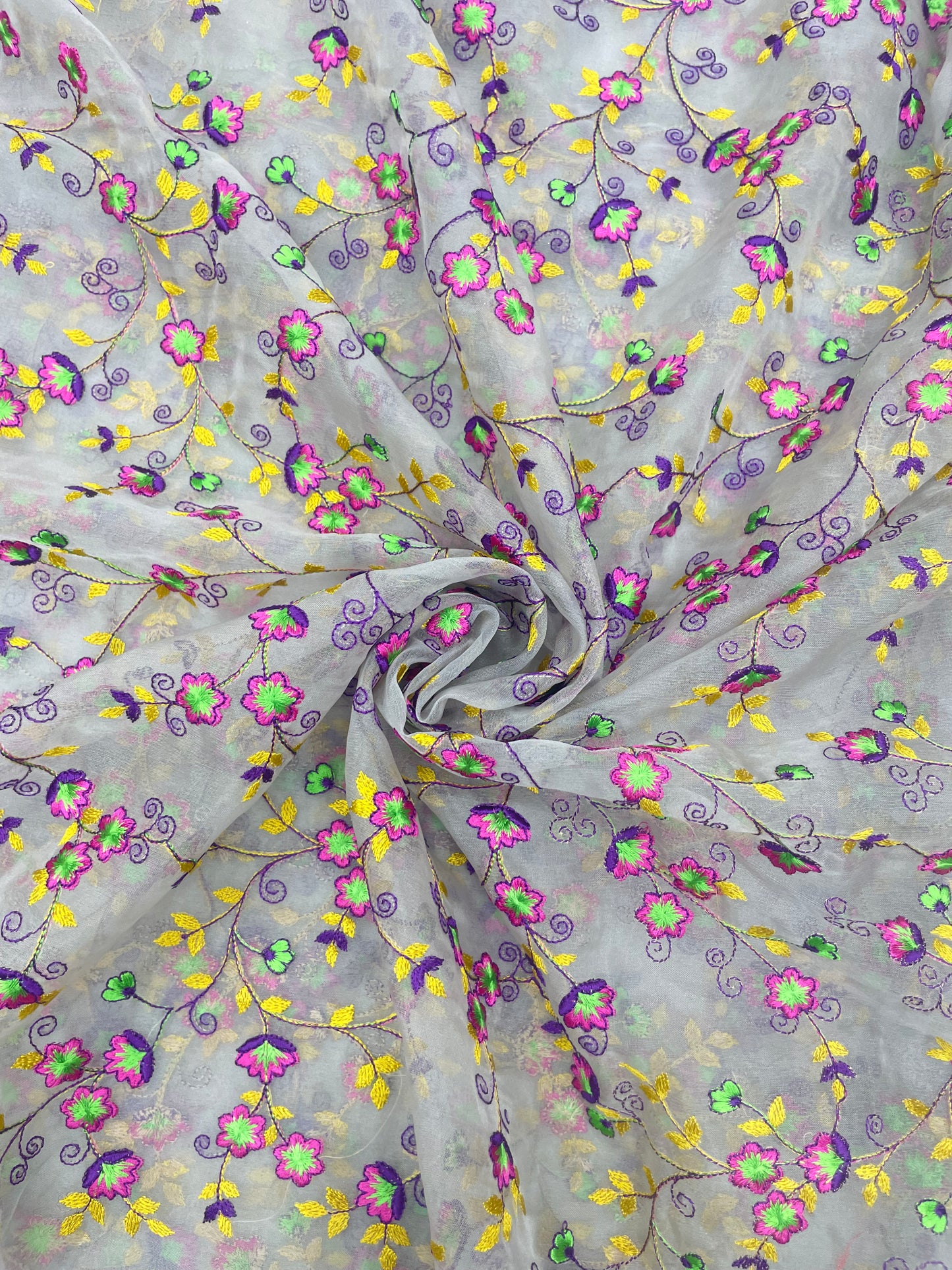 Beautiful Amazing Colorful Vibrant Floral And Leaf Thread Embroidery On Organza Fabric