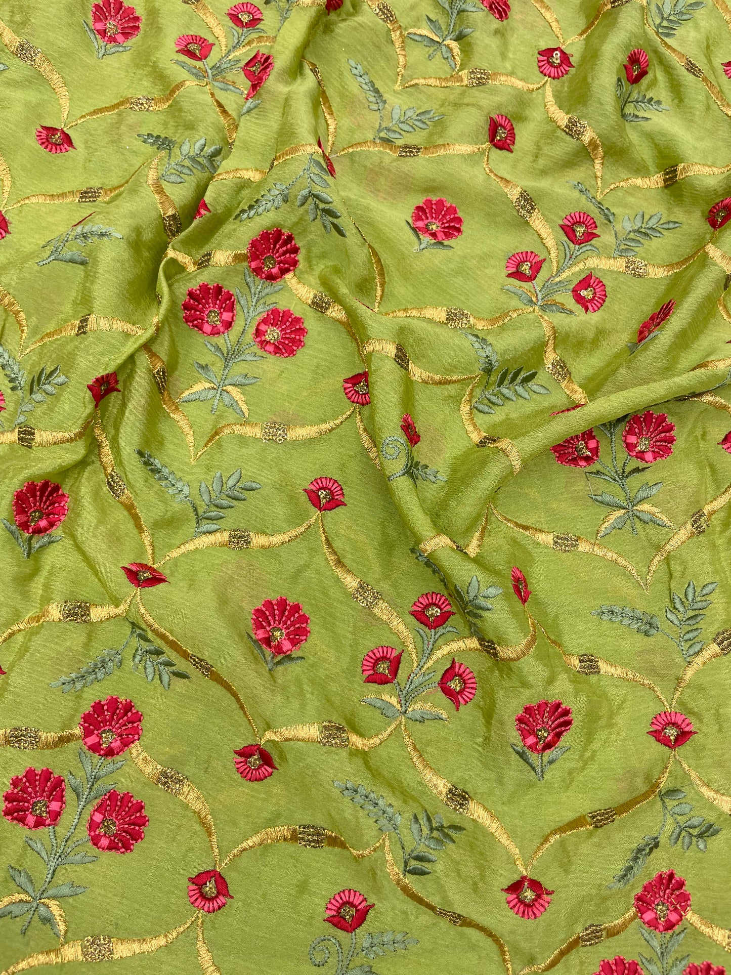 Delicate Traditional Colorful Floral Thread Embroidery With Golden Zari Work On Chinon Fabric