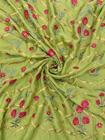 Delicate Traditional Colorful Floral Thread Embroidery With Golden Zari Work On Chinon Fabric