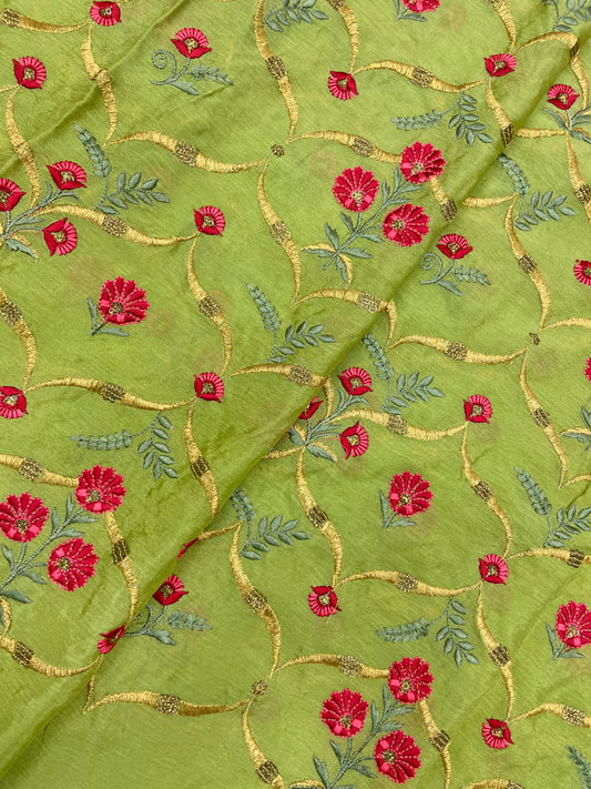 Delicate Traditional Colorful Floral Thread Embroidery With Golden Zari Work On Chinon Fabric