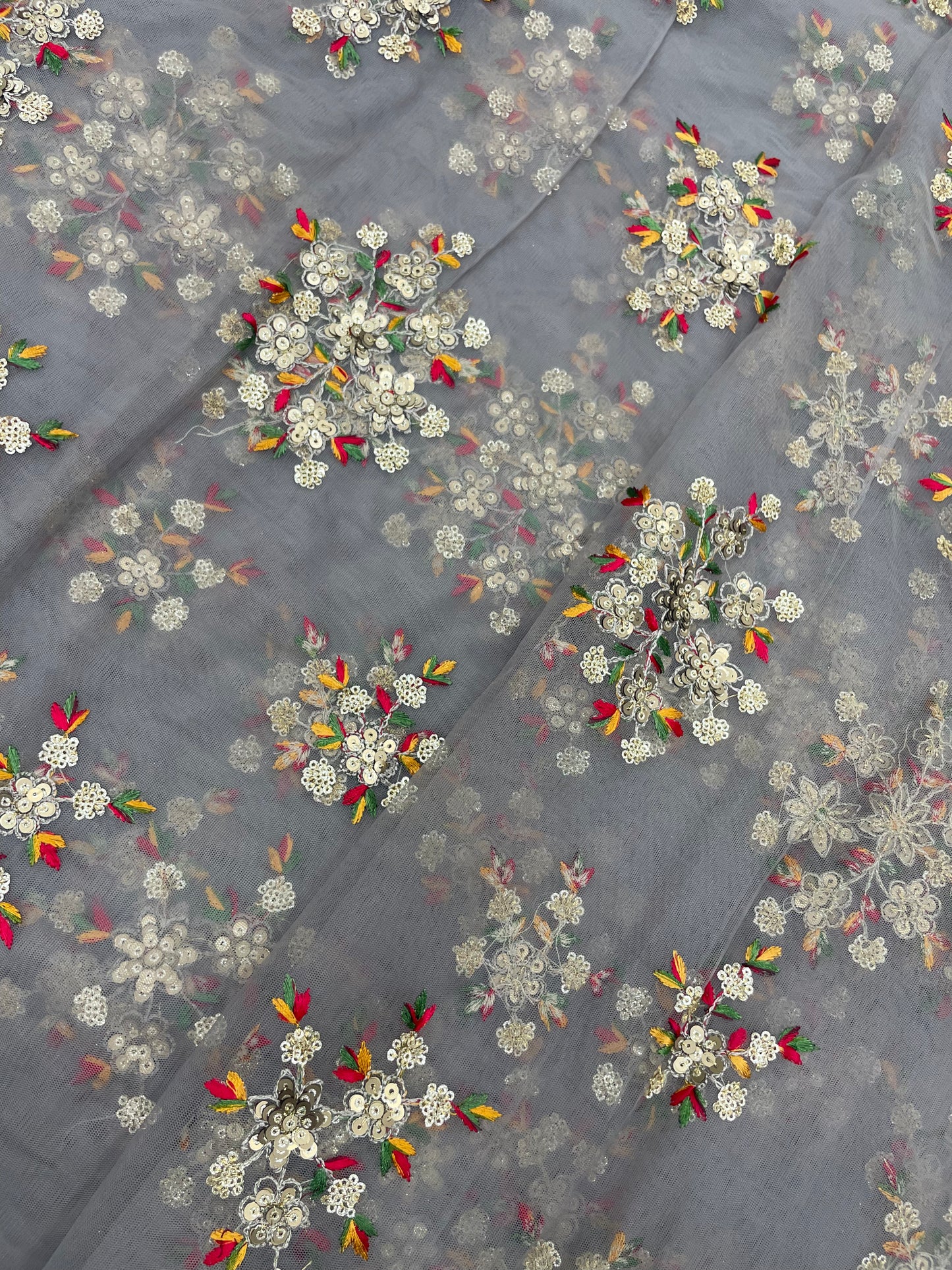 Adorable Premium Multicolor Thread Embroidery With Shiny Sequin And Zari Work On Net Fabric