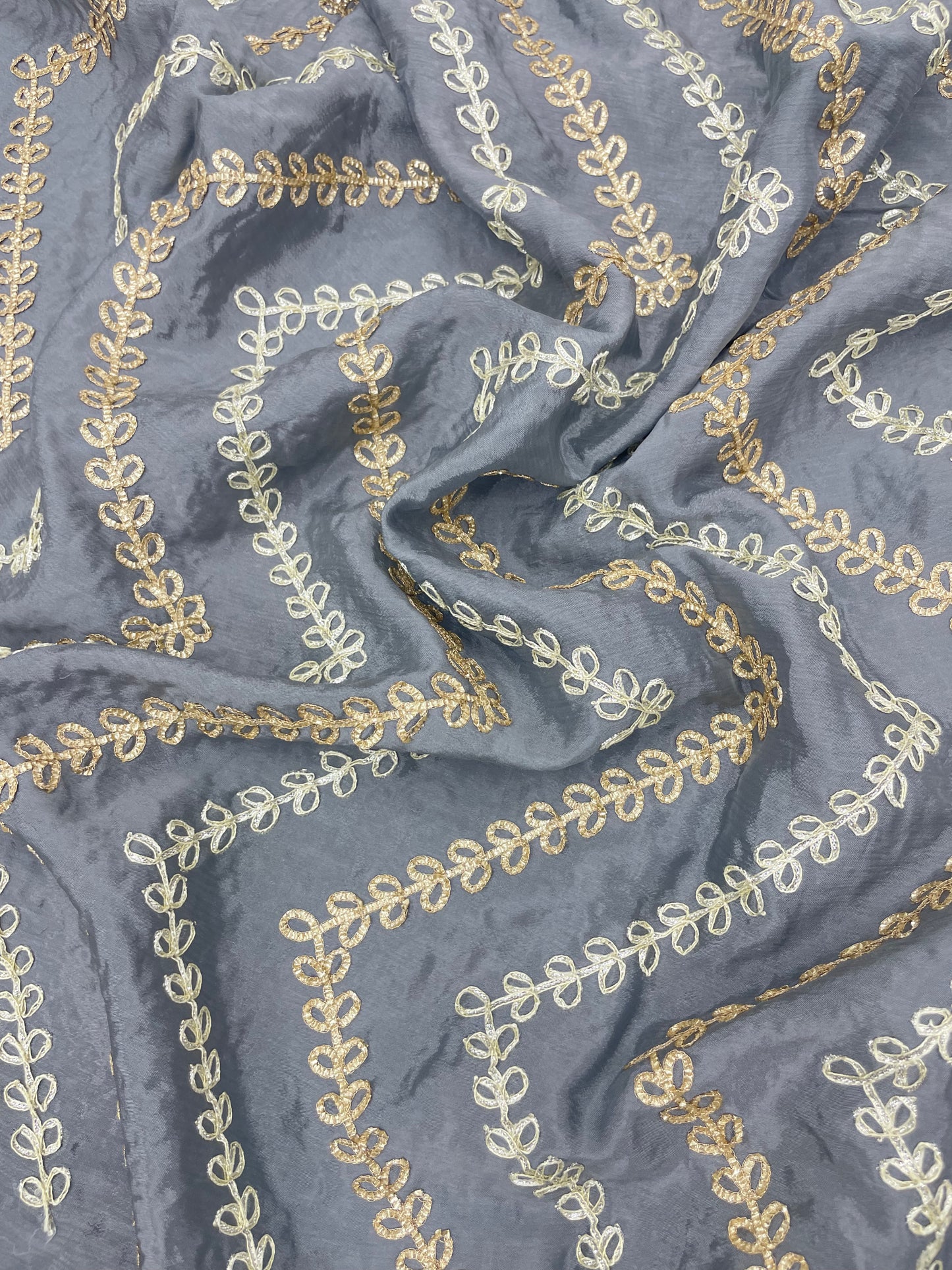 Magnificent Unique Zig Zag Leafy Foil Work All Over Grey Chinon Fabric