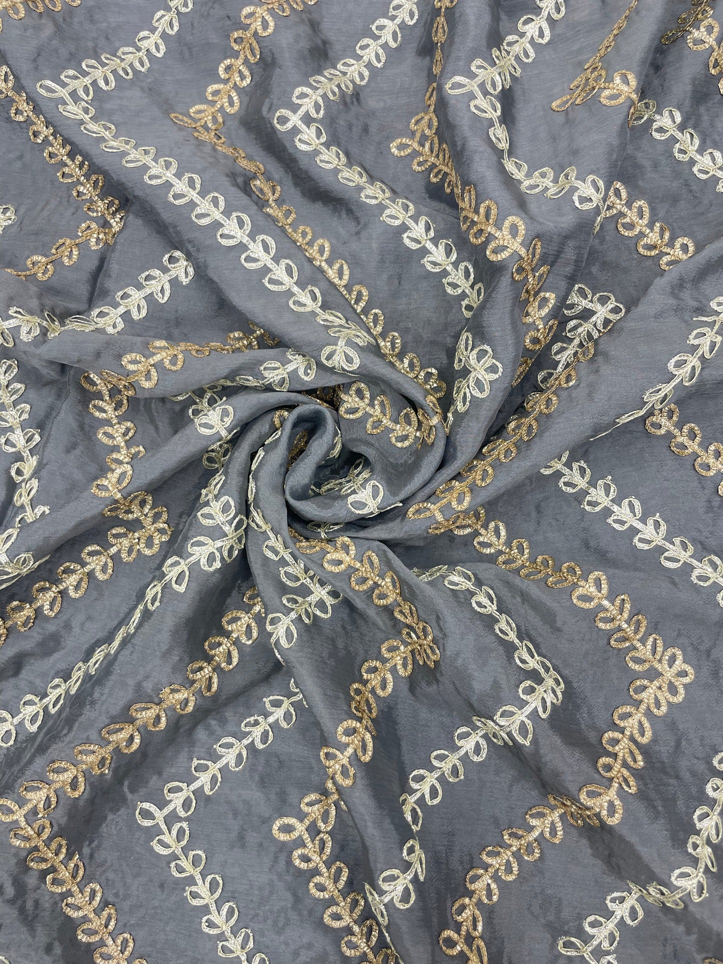 Magnificent Unique Zig Zag Leafy Foil Work All Over Grey Chinon Fabric