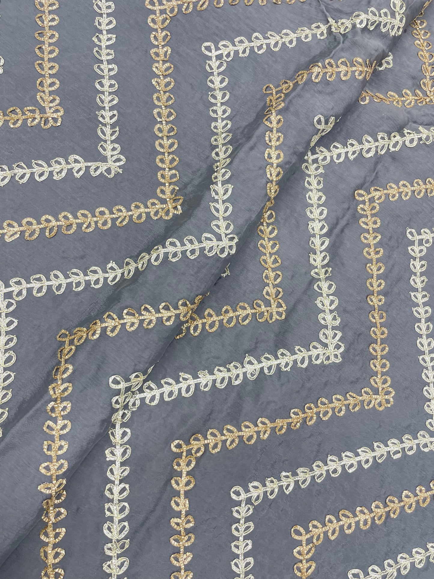 Magnificent Unique Zig Zag Leafy Foil Work All Over Grey Chinon Fabric