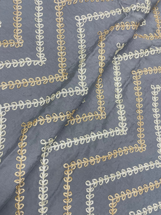 Magnificent Unique Zig Zag Leafy Foil Work All Over Grey Chinon Fabric