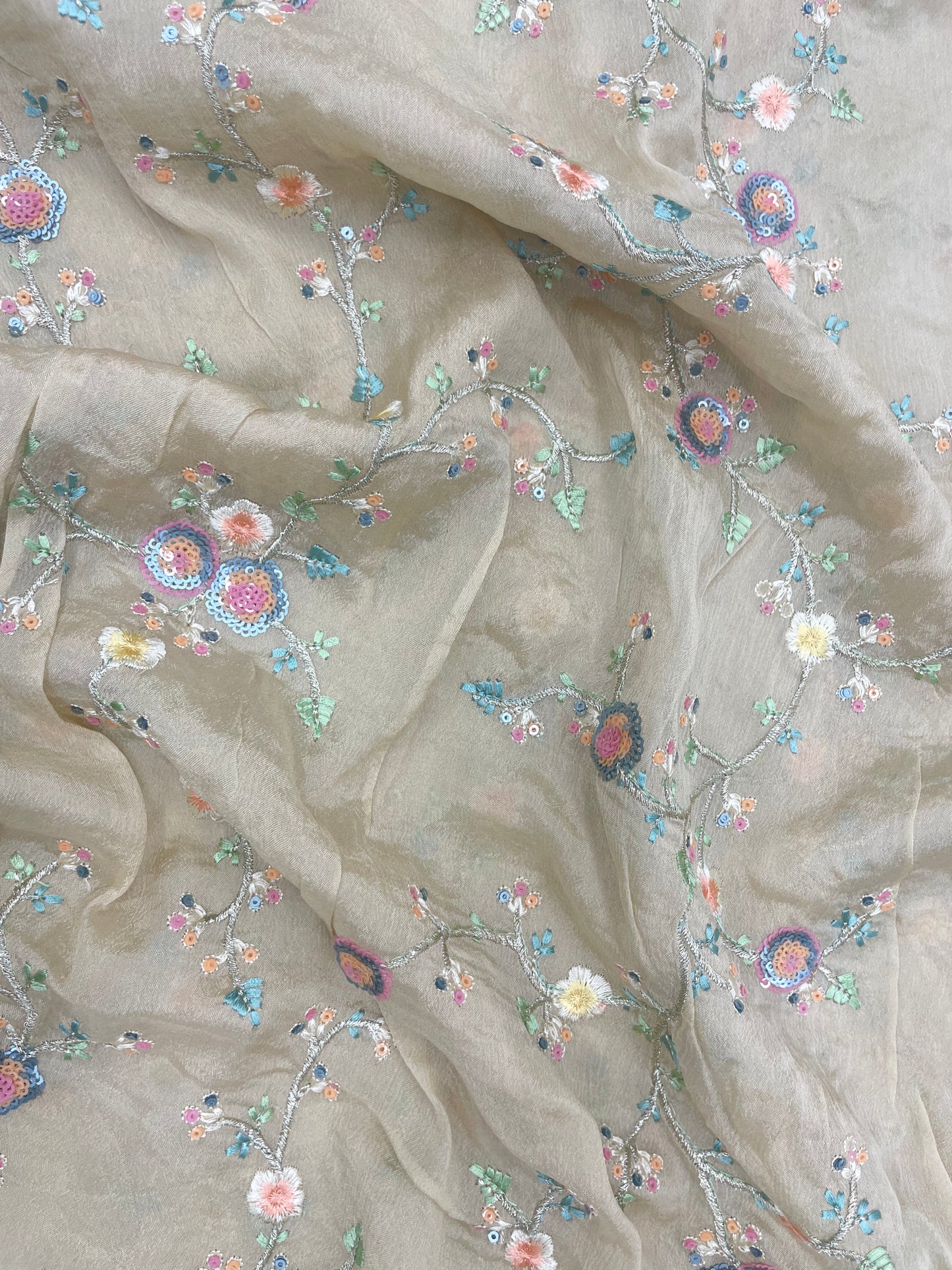 Pretty Gorgeous Pastel Floral Thread Embroidery And Colorful Sequin Work On Chinon Fabric