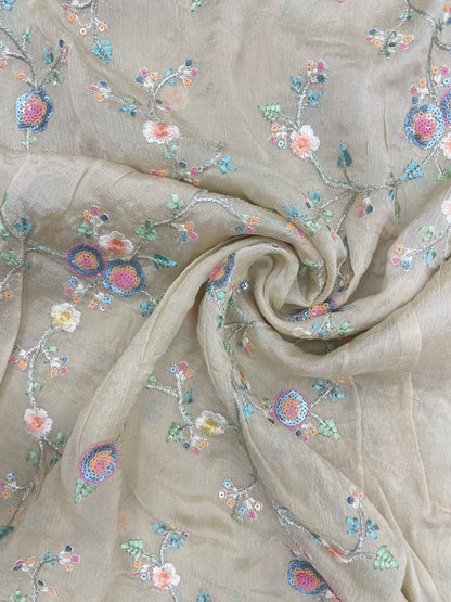 Pretty Gorgeous Pastel Floral Thread Embroidery And Colorful Sequin Work On Chinon Fabric