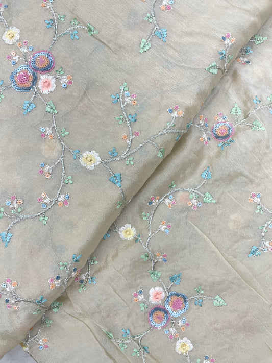 Pretty Gorgeous Pastel Floral Thread Embroidery And Colorful Sequin Work On Chinon Fabric