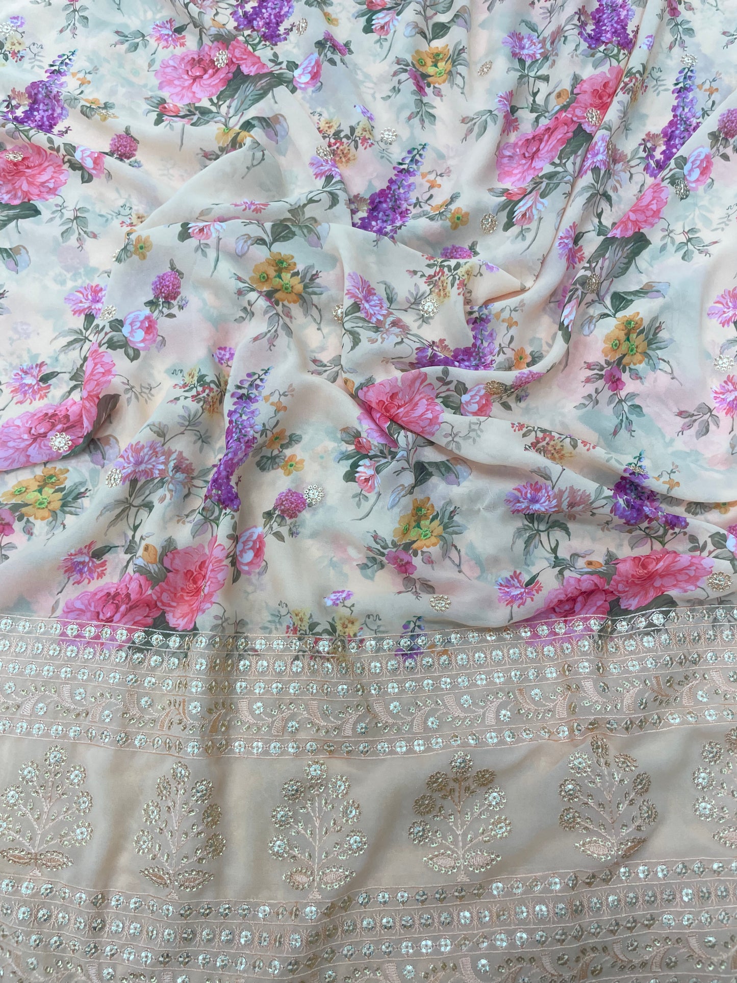 Pretty Fascinating Multi Color Floral Print With Sequin Work And Thread Embroidery On Georgette Fabric