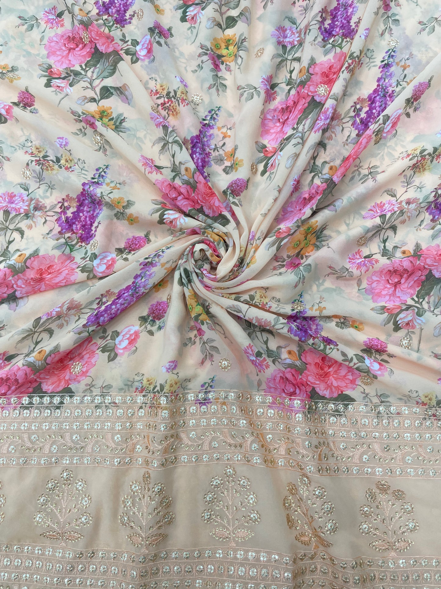 Pretty Fascinating Multi Color Floral Print With Sequin Work And Thread Embroidery On Georgette Fabric