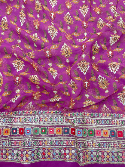 Unique Premium Ethnic Print With Heavy Multi Color Thread Embroidery And Sequin Work On Georgette Fabric