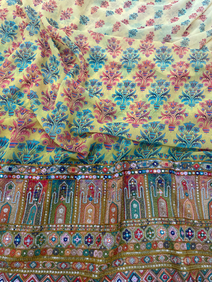 Superb Vibrant Multi Ethnic Print With Multi Color Thread Embroidery And Sequin And Faux Work On Georgette Fabric