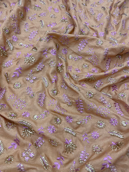 Delicate Minimal Floral Thread Embroidery On Manipuri Silk Fabric