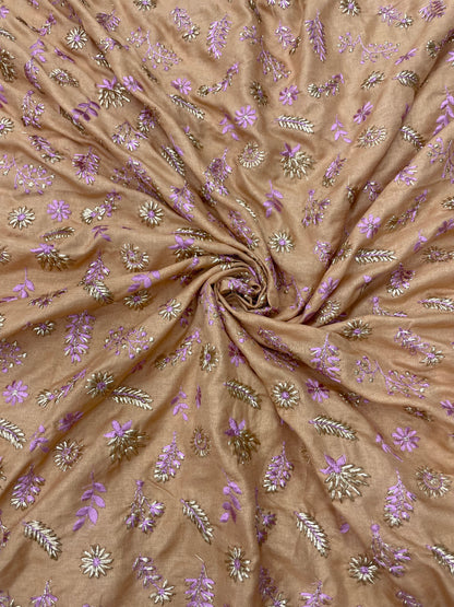 Delicate Minimal Floral Thread Embroidery On Manipuri Silk Fabric