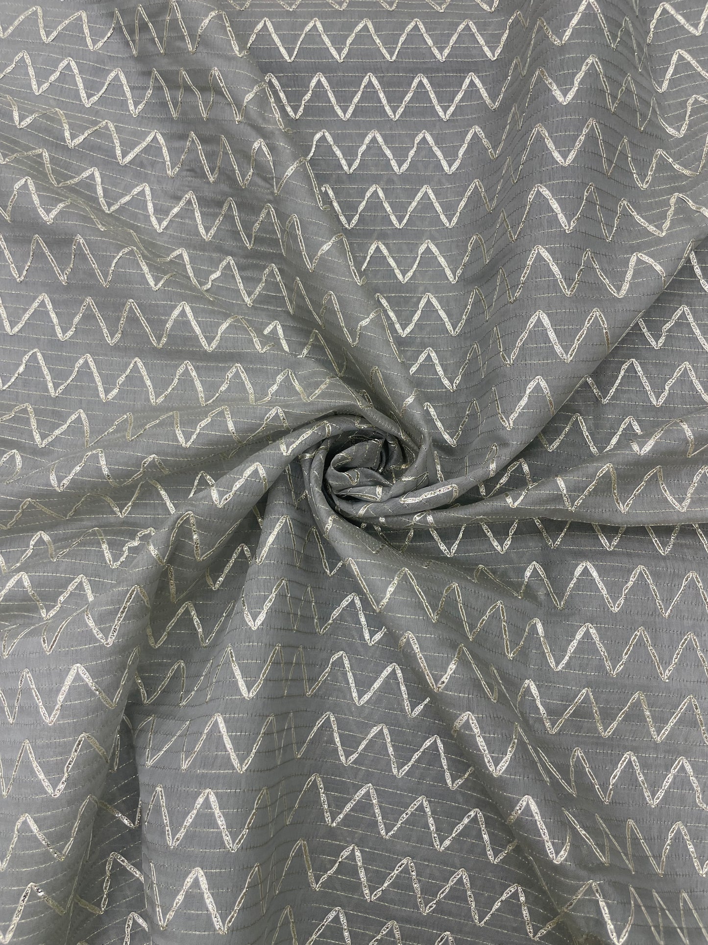 Subtle Yet Elegant Zig Zag Foil Embroidery All Over Chanderi Fabric