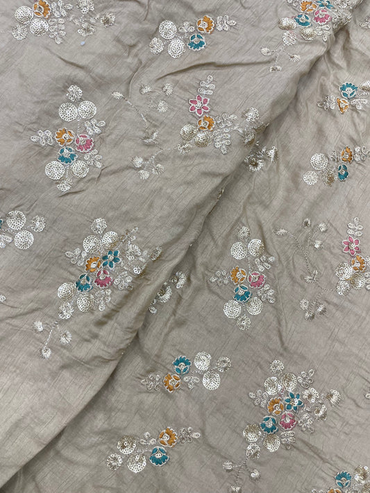 Radiant Elegant Multi Color Floral Thread Embroidery With Premium Sequin Work On Dola Silk Fabric