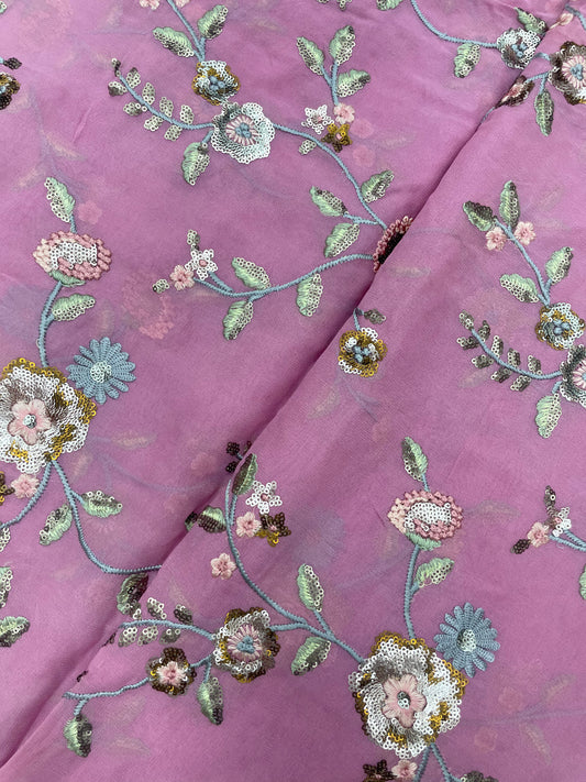 Gorgeous Pleasant Multi Color Floral And Leafy Thread Embroidery With Sequin Work On Georgette Fabric