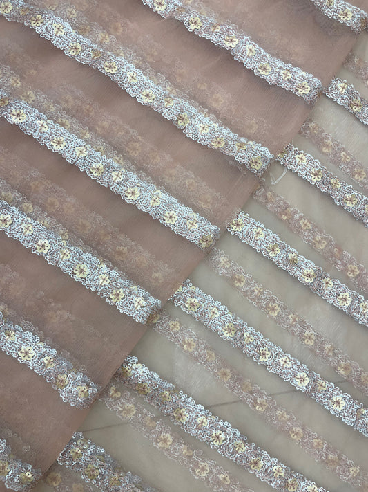 Adorable Striking Shiny Sequin Stripes All Over Net Fabric