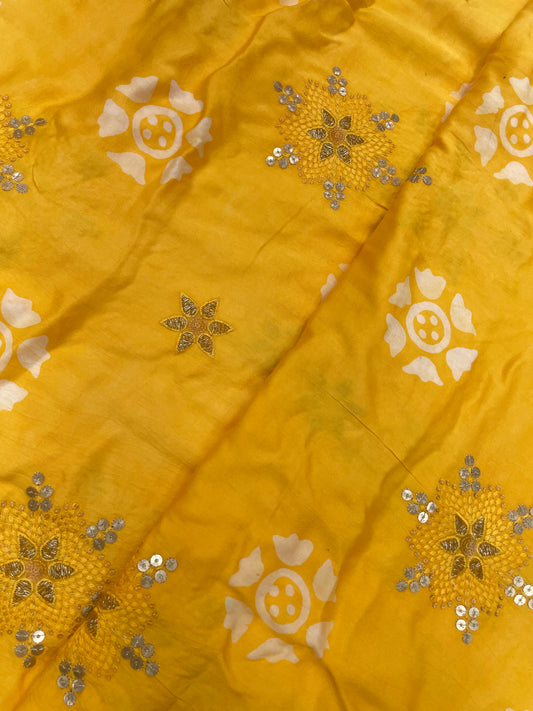 Beautiful Bright Thread Embroidery And Print With Sequin And Zari Work On Muslin Fabric