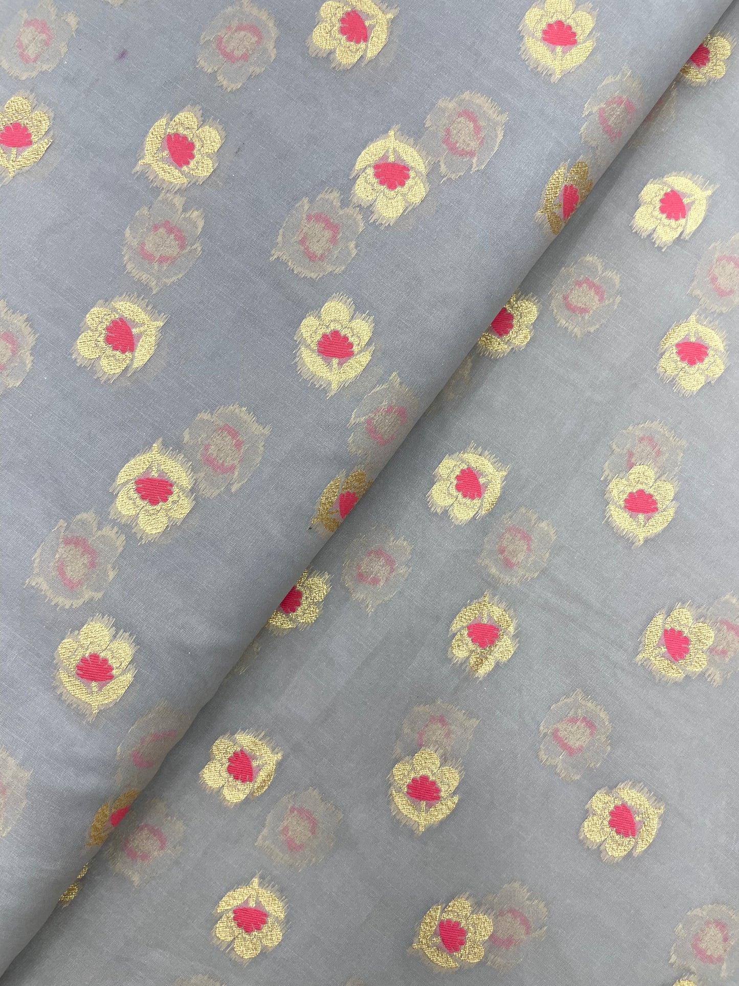 Perfect Brilliant Traditional Golden And Pink Jacquard Weaving On Organza Fabric