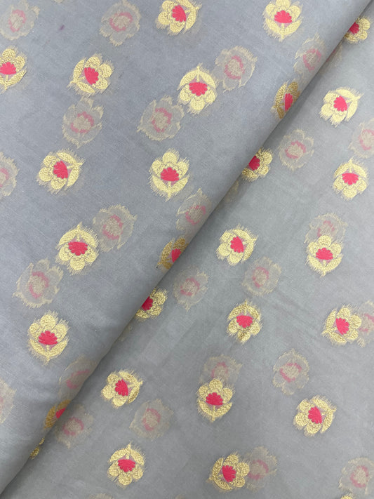 Perfect Brilliant Traditional Golden And Pink Jacquard Weaving On Organza Fabric