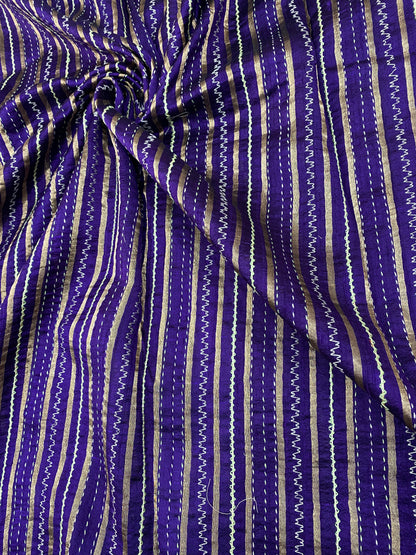 Pure Raw Silk Tissue Stripes With Hand Katha Work
