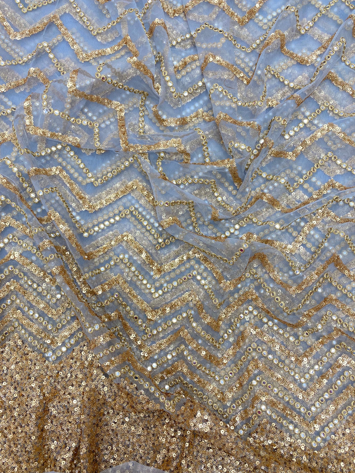 Gracious Sparkling Golden Zig Zag Sequin Work All Over Net Fabric