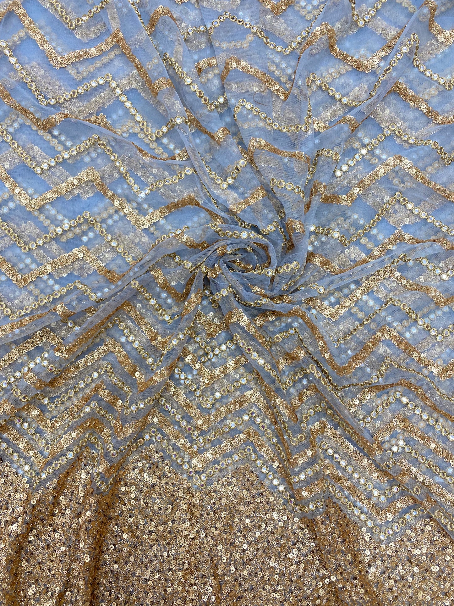 Gracious Sparkling Golden Zig Zag Sequin Work All Over Net Fabric