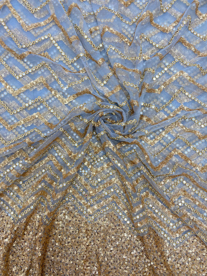 Gracious Sparkling Golden Zig Zag Sequin Work All Over Net Fabric