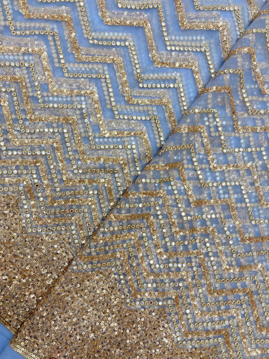 Gracious Sparkling Golden Zig Zag Sequin Work All Over Net Fabric