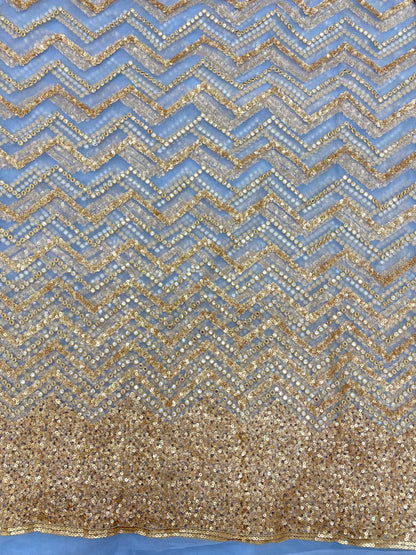 Gracious Sparkling Golden Zig Zag Sequin Work All Over Net Fabric