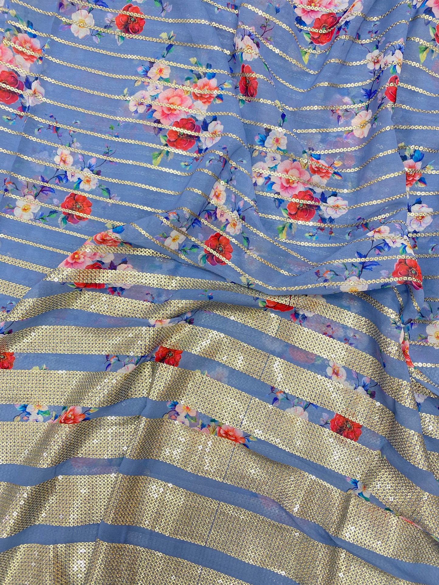 Beautiful Multicolor Floral Print With Golden Sequin Stripe Work On Georgette Fabric