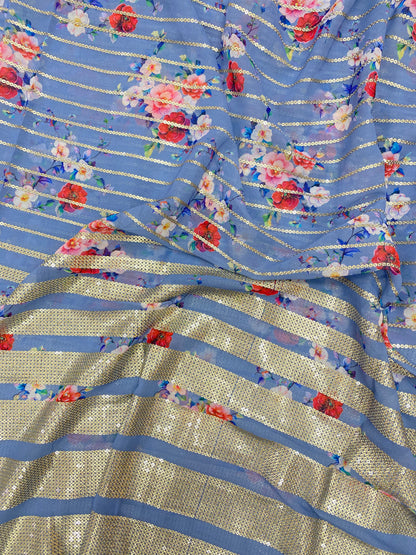 Beautiful Multicolor Floral Print With Golden Sequin Stripe Work On Georgette Fabric