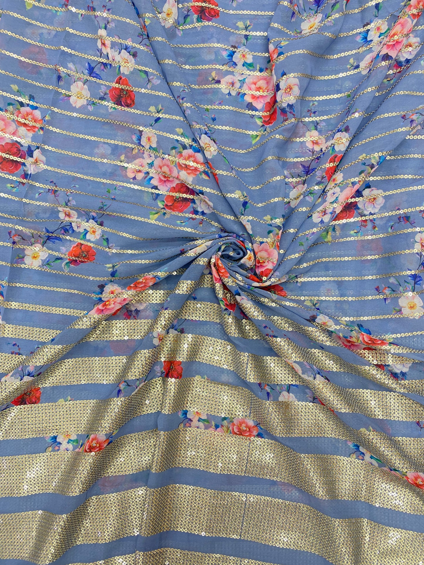 Beautiful Multicolor Floral Print With Golden Sequin Stripe Work On Georgette Fabric