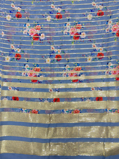 Beautiful Multicolor Floral Print With Golden Sequin Stripe Work On Georgette Fabric