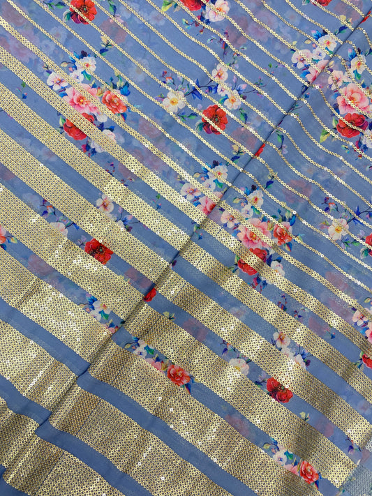 Beautiful Multicolor Floral Print With Golden Sequin Stripe Work On Georgette Fabric