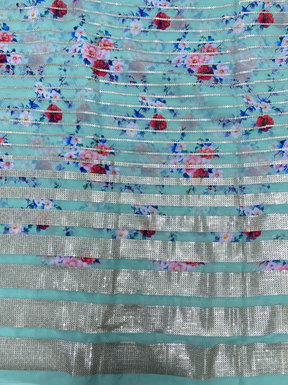 Beautiful Multicolor Floral Print With Golden Sequin Stripe Work On Georgette Fabric